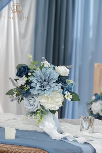 TINGE TIME 7inch Wedding Bouquets for Bridesmaid, Artificial Flowers Cascading Bridal Bouquet for Wedding (DarkBlue, Set of 4) - color: Darkblue