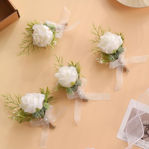 Garisey 4pcs White Rose Boutonniere for Men Artificial Rose Flower for Wedding Flowers Ceremony Prom Flower (4 Boutonniere) - color: 4 Boutonniere