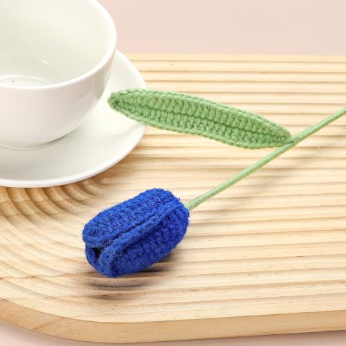 MECCANIXITY Tulip Crochet Flowers, Artificial Knitted Tulip Flower Completed Handmade Tulips Bouquet for Gift Home Birthday Wedding Decoration, Sapphire Blue Pack of 10 - color: Sapphire Blue