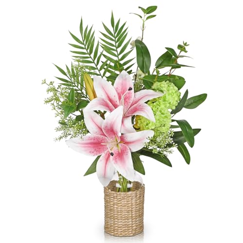 Hollyone Fake Flowers with Vase, Easter Lily Flowers, Pink Silk Tiger Lily and Hydrangea Artificial Flowers in Vase, Faux Plants and Flowers Arrangement Bouquets for Table Centerpieces Home Decor - color: Pink