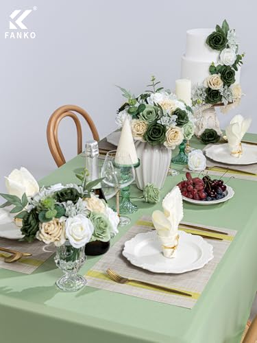 FANKO Artificial Flowers for DIY, Green White Cream Faux Flowers Bouquet, Fake Rose Silk Flowers for Vase, Home Decor, Garlands, Greenery-Themed Wedding, Party, Housewarming - color: Green & Gray