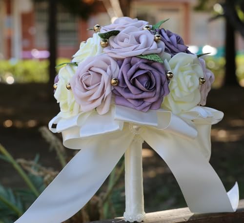 Handmade Wedding Bouquet Artificial PE Rose Bride Bridesmaid Bouquet with Soft Ribbons Wedding Hand Holding Artificial Fake Flowers Toss (B-Light Purple & Purple & Ivory, 6.7"/17cm) - color: B-light Purple & Purple & Ivory, size: 6.7"/17cm