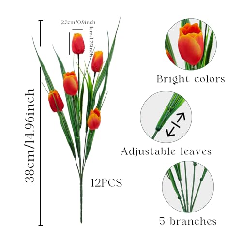 12 Bundles 60 Heads Artificial Tulips Fake Flowers Outdoor UV Resistant Silk Tulip Faux Plastic Greenery Shrubs Plants for Outside Planter Porch Garden Patio Decor (Orange) - color: Orange