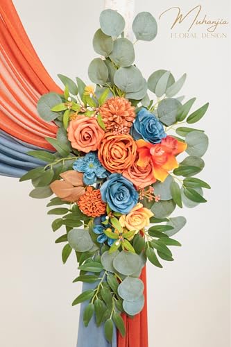 Muhanjia Artificial Wedding Arch Flowers Kit(Pack of 4),2Pcs Artificial Flower Arch Decor, 2Pcs Chiffon Fabric Drapes, Ceremony Decoration, Floral Outdoor Party Decor (Burnt Orange & Dark Teal) - color: Burnt Orange & Dark Teal