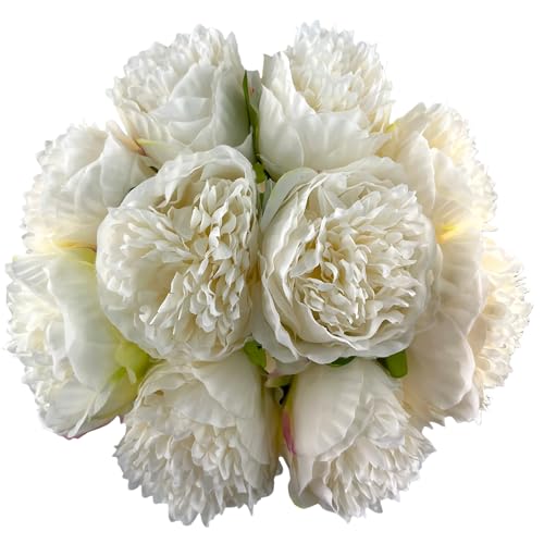 10pcs Artificial Peony Flowers Silk Peonies Realistic Flower Bouquet for Vase Decor Wedding Table Centerpieces Valentines Gifts (Ivory White) - color: White