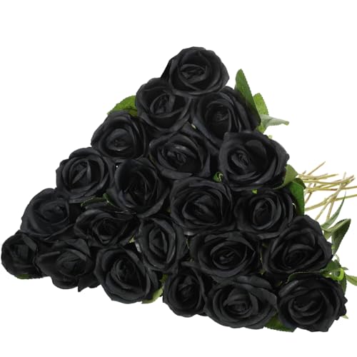 Hotop 20 Pcs Artificial Rose Flowers with Long Stem, Real Lifelike Silk Realistic Plastic Bouquet Roses Bulk for Home Decor Bridal Wedding Party Table Centerpieces Decorations(Black) - color: Black
