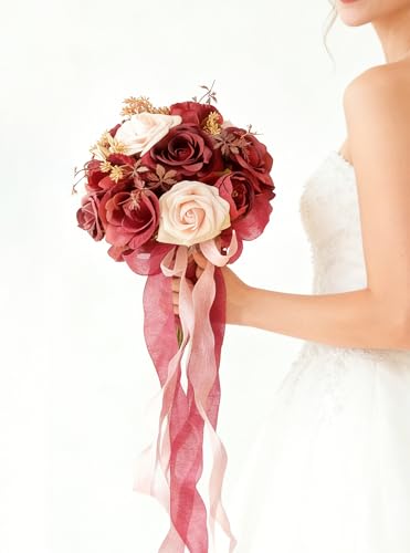8.6in Artificial Wedding Bridal Bouquet - Burgundy Rose Floral Arrangement for Bride, Bridesmaid, Wedding Toss, Ceremony & Home Decor (Burgundy) - color: Burgundy