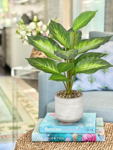 Small Fake Plants Indoor 14.5 Inch Potted Plant Artificial Decor 12 Leaves Faux Plant with Cement Pot Silk House Plants for Home Office Bathroom Kitchen Farmhouse Table Centerpieces Shelf Decor - color: Green, size: 14.5'' Plant