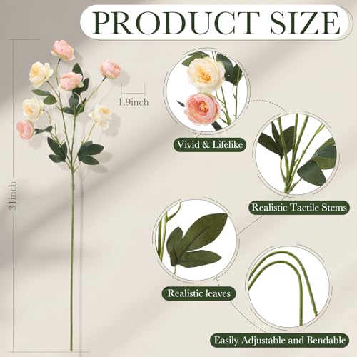 6 Pcs 32" Large Beige Pink Artificial Peonies Stems Flowers, Real Look Faux Silk Peony Bouquet 42 Heads Total for Vase Filler, Farmhouse Rustic Neutral Home Decor, Wedding Centerpieces - color: Beige and Pink