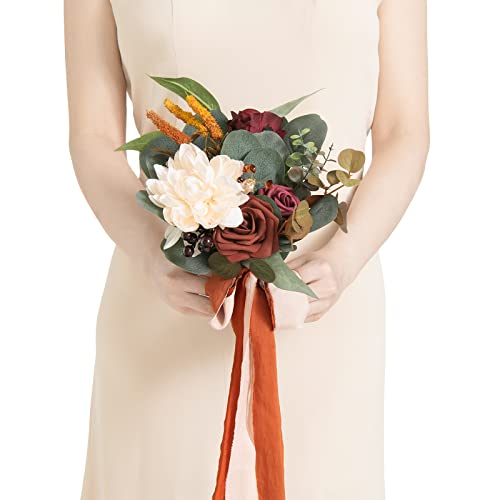 Ling's moment Artificial Flowers Terracotta Bridesmaid Bouquet, Fall Wedding Flowers Bouquets for Bridesmaids, 7 Inch Bridal Bouquets for Bridesmaids, Wedding Decor, Ceremony, Anniversary, etc - color: Or-burnt Orange
