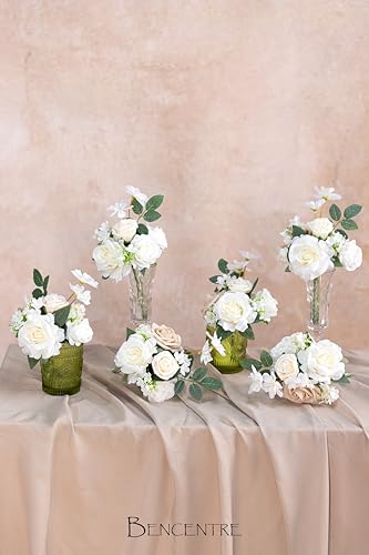 White and Sage Wedding Centerpieces Flowers Set of 6 Mini Bridesmaid Bouquets Posy Bouquet Pre-Made Wedding Flowers Centerpieces for Tables Artificial Flowers - color: White
