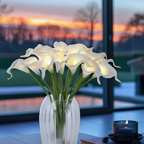 HOMESEASONS LED Lighted Artificial Flowers Calla Lily Bouquet 20 Stems Real Touch Calla Faux Flower Lights for Valentine's Day Gift and Easter Home Kitchen Wedding Dining Table Decor(White, No Vase) - color: White