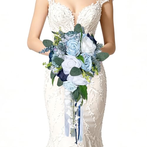 10 Inch Cascading Bouquets for Bride Fall Wedding Rose Bridal Bouquet Artificial Silk Flower Boho Rustic Ceremony Anniversary Decor Toss Bouquet (Dusty Blue, Lily of the Valley) - color: Dusty Blue, Lily of the Valley