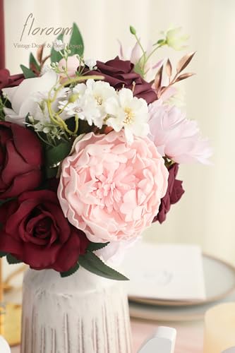 Floroom Blush Burgundy Artificial Flowers Dark Red Fake Roses Peonies Dahlia and Greenery Combo Box Set for DIY Wedding Bouquets Bridal Shower Centerpieces Floral Arrangements Party Tables Decorations - color: Blushing Burgundy
