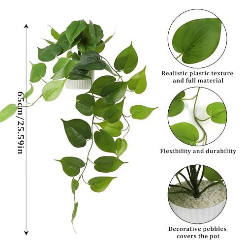 Fake Pothos Hanging Plant – Artificial Plastic Ivy Vines with White Pot, Realistic Faux Greenery for Indoor Home Office Bathroom Shelf Cabinet Decoration - color: Green With White Pot