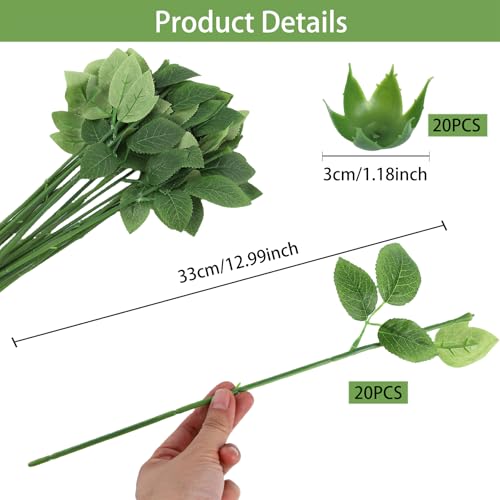 20PCS Floral Wire Stem with Leaves and 20PCS Artificial Flower Calyxes Set, for Floral Rose Arrangement, DIY Craft Bouquet Making, and Florist Supplies