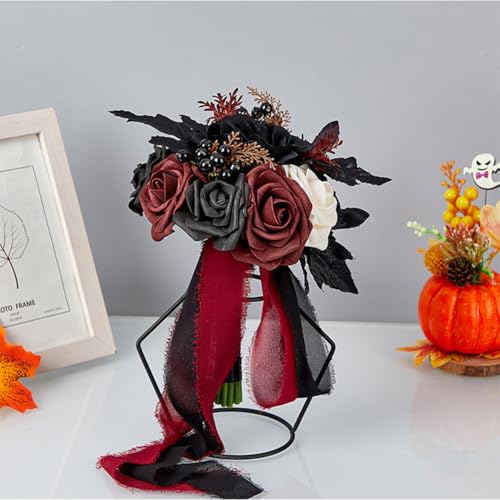 Wedding Bouquets for Bride and Bridesmaid - Black and Burgundy Gothic Bridal Flowers, Artificial Rose Bouquet - color: Red Black Rose