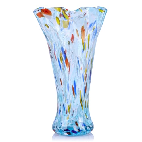 9.0" H Aqua Glass Vases for Flowers, Unique Hand Blown Glass Vase Aqua Home Decor, Wide Mouth Colorful Flower Vase Centerpieces, for Living Room Table Bookshelf, Bathroom Office Shelf Decorative - color: Aqua
