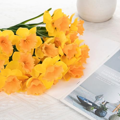 GnFlus 3 Bundles Daffodils Artificial Flowers, 15" Faux Daffodils with 21 Flower Heads, Real Touch Fake Spring Flower Yellow Decorative Flowers Bouquet for Home Wedding Centerpieces Vases Arrangement - color: Yellow, size: 3 Bundles-15 Inch
