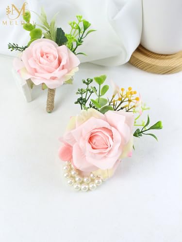 Pink Rose Wrist Corsage and Boutonniere Set for Dance Party Wedding | Artificial Silk Rose Women Pearls Corsage with Men Boutonniere for Wedding Accessories Prom Ceremony Party - color: Pink 1 Boutonniere&1 Wrist Corsage