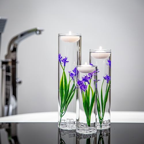Floating Flower for Table Centerpiece Artificial Purple Orchid Glass Cylinder Vase Set with Floating Candles Fake Ice Cubes for Wedding Party Home Bar Restaurant Festival Decoration - color: Purple 2