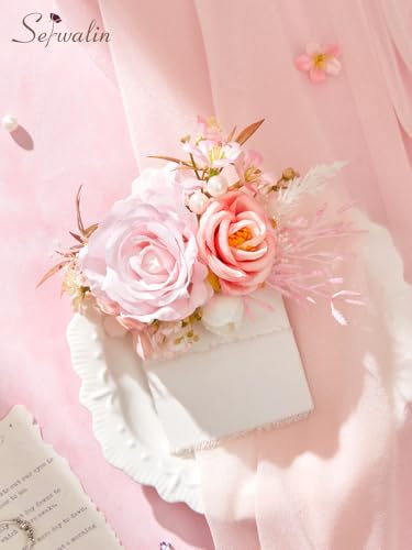 Serwalin 2Pcs Corsage and Boutonniere Set,Pink Rose Corsage Wristlet and Pocket Boutonniere for Prom Wedding Homecoming Anniversary Graduation - color: Pink