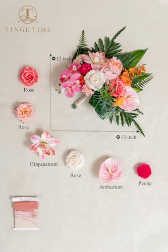 TINGE TIME 13 Inch Summer Wedding Bouquets for Bride, Bridal Bouquet for Bride, Artificial Silk Orchid for Graduation Bouquet, Fake Flowers for Wedding Ceremony and Anniversary (Tropical) - color: Tropical