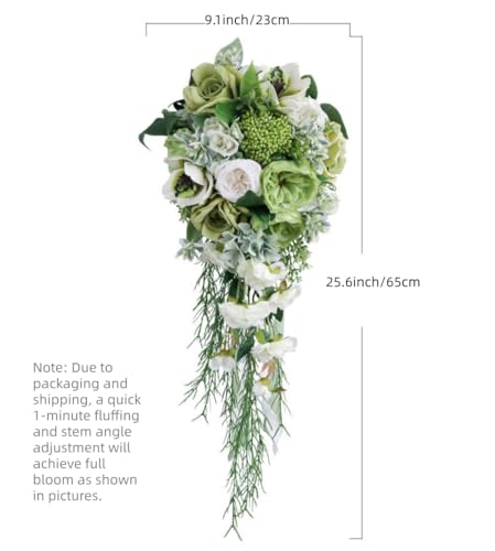 9.1 Inch Cascading Bridal Bouquet Waterfall Cascade Wedding Bouquet Bride with Artificial Rose Peony Flower Rustic Boho Wedding Ceremony Bouquet Sage Green - color: Sage Green
