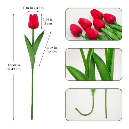 25Pcs Tulips Artificial Flowers, Faux Tulips Artificial Tulips Real Touch Tulip Fake Flowers Bouquets for Spring Wedding Home Kitchen Office Party Decor (Red) - color: Red