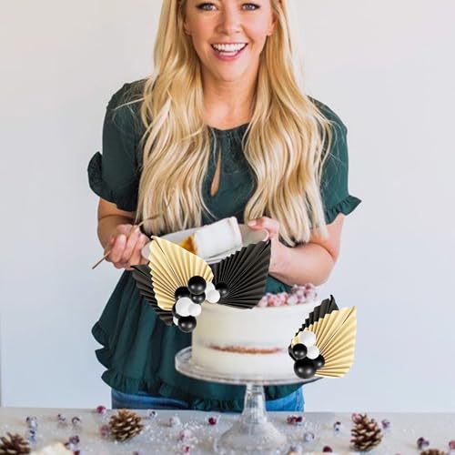 28 Pack Balls Cake Toppers, Palm Leaves Cake Decorations, Foam Balls Paper Palm Leaf Cake Insert Toppers Decorations for Birthday Wedding Baby Shower Party Decorations Black White - color: Black White