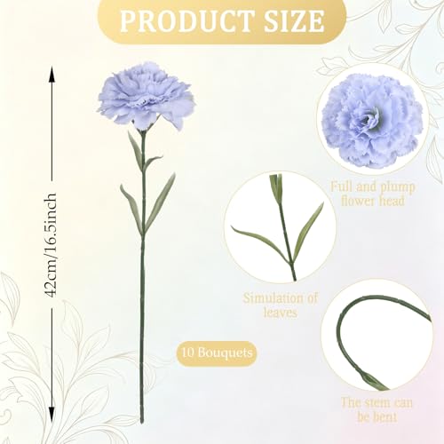 Blue Carnations Artificial Flowers 10Pcs Large Carnations Heads Lush Silk Flowers Bouquet with Stems for Wedding Bouquets Bridal Home Table Centerpieces(Light Blue) - color: Blue