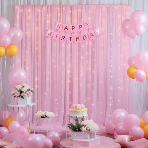 10ft x 10ft Pink Backdrop Curtain with Lights String for Parties, Sheer Tulle Wedding Photo Backdrops Drapes for Baby Shower Birthday Party Decorations Background for Photography - color: Pink, size: W5' x H10'(2 panels)