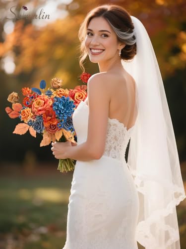Serwalin Fall Flowers Artificial, Orange Silk Flowers with Stems, Fake Roses Blue Dahia Flower for Wedding Bouquets Bridal Baby Shower Party Arrangment Cake Floral Decoration - color: A Bright Orange & Blue, size: 1 Box