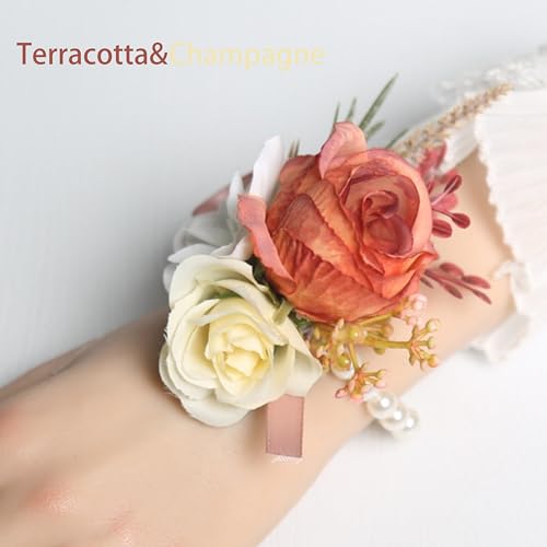 Corsage and Boutonniere Set Corsage Wistlet Terracotta Corsage Wrist Artificial Flower Perfert for Proms | Weddings for Bride,Bridesmaids, Groom,Groomsmen Decor (Terracotta) - color: Terracotta