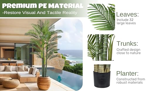 Roselywed Artificial Areca Palm Tree 8FT with 32 Leaves Realistic Tall Large Fake Faux Tropical Silk Plant 96 Inch Black Pot for Indoor Home Office Porch Mall School Decor Housewarming Gift - size: 8ft