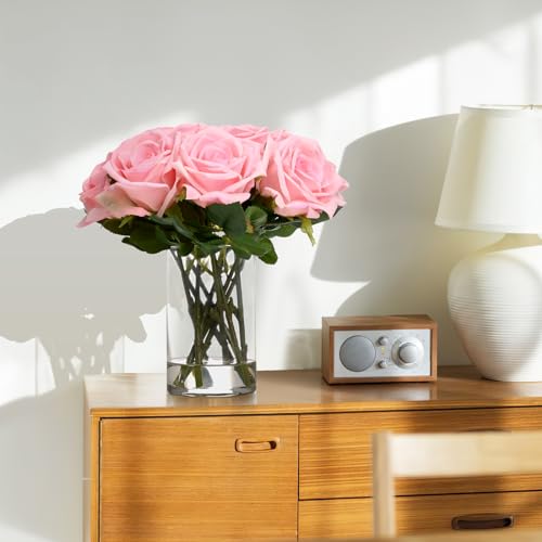 BLEUM CADE Luxury PU Fake Flowers in Vase with Faux Water, Pink Real Touch Roses Artificial Flowers with Glass Vase for Office Home Dining Room Centerpiece Table Decorations - color: Rose-pink