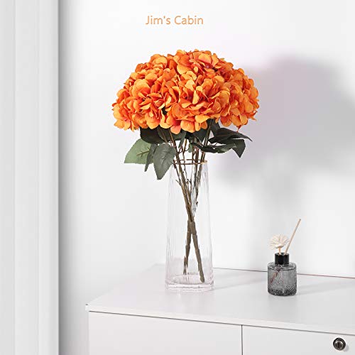 Jim's Cabin Artificial Flowers Silk Hydrangea Arrangements 2 Bouquet with 5 Big Heads Fake Flower Bunch for Women Bedroom Wedding Cabin Decor DIY（Orange） - color: Orange Red