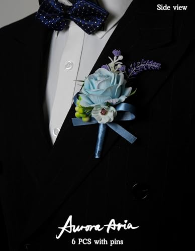 AuroraAria Light Blue Boutonniere for Men,Set of 6,Groom Boutonniere for Wedding,Anniversary,Homecoming,Formal Dinner Party,Wedding Decor,Artificial Light Blue Rose - color: Light Blue