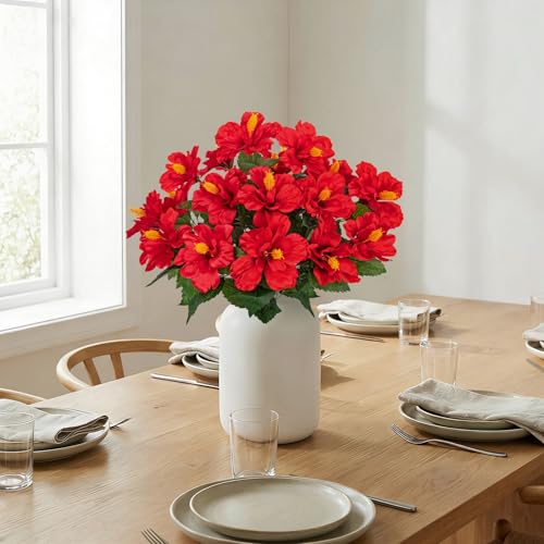 Briful 2 Bundles Artificial Hibiscus Flowers 16.9in, 9-Stem Short Faux Hibiscus Bouquet with Full Blooms, Silk Tropical Flowers for Vase, Table, Porch, Wedding, Indoor Outdoor Decor, Red - color: Red#942