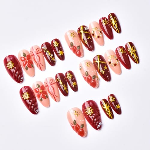 3D Handmade Press on Nails Christmas Fake Nails with Flower Star Designs Winter Xmas Acrylic Nails Red Gold Artificial Nails Gel Glue on Nails Holiday Charm Stick on Fingernails for Women Girls 24Pcs