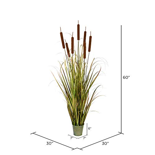 Vickerman Everyday 60" Artificial Green Grass and Cattails with Iron Pot - Faux Grass Plant Decor - Home Or Office Indoor Greenery Accent - Maintenance Free - size: 60"