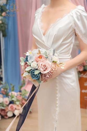 TINGE TIME 9 Inch Artificial Bridal Bouquet, Cascading Wedding Bouquet for Wedding Ceremony and Anniversary (Dusty Rose & Navy Blue) - color: Dusty Rose & Navy Blue