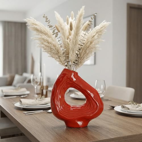 Sunddo Ceramic Flower Vase, 9 Inch Donut Modern Vase for Home Decor, Art Decorative Vase for Living Room, Boho, Bathroom, Shelf, Dining Table Decor - color: Red, size: 9 inch