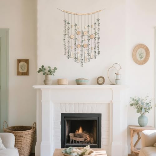 Dahey Hanging Artificial Plant Eucalyptus Wall Decor 31'' Wooden Bead Garland with Fake Greenery Leaves Boho Rustic Farmhouse Wall Art for Bathroom Office Living Dining Room Bedroom Kitchen Decoration - size: 31 inches
