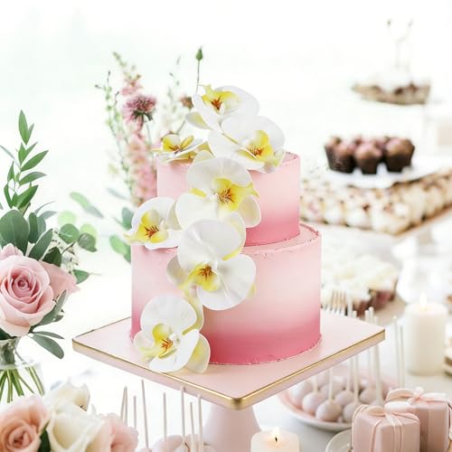 8PCS Artificial Phalaenopsis Cake Toppers Yellow White Butterfly Orchid 3D Flowers Cake Decorations for Floral Wedding Bridal Engagement Women Birthday Mother's Day Party Decoration Supplies - color: Yellow White