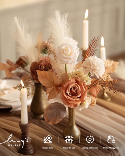 Ling's moment Artificial Flowers Fake Silk Roses Faux Foam Dahlia Combo for DIY Wedding Bouquets Centerpieces Arrangements Bridal Shower Party Home Decorations, Amber & French Orange, 24pcs - color: Or-amber & French Orange