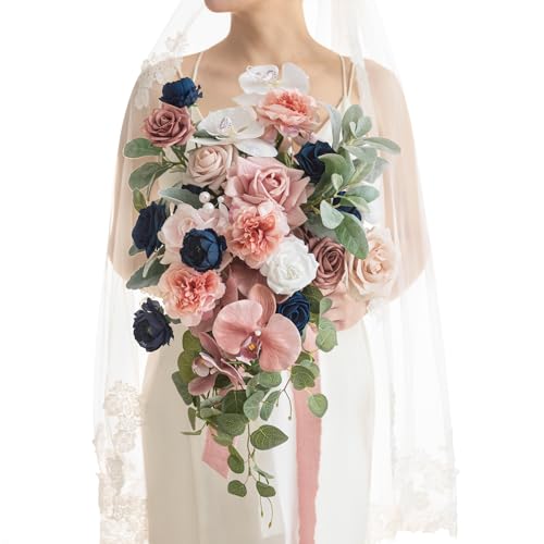 Ling's moment Dusty Rose Navy Blue Bridal Bouquet Cascading, Pink and Blue Wedding Bouquets for Bride, 15 Inch Silk Artificial Wedding Flower Bouquet - color: Pk-exquisite Dusty Rose & Navy, size: Medium 15 Inch