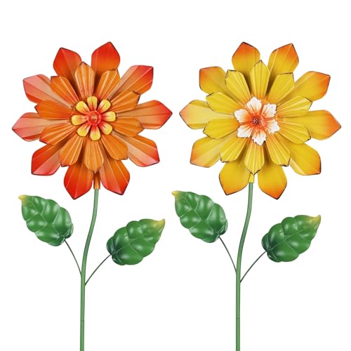 YEAHOME Garden Decor for Outside, Set of 2 Metal Flowers 23.6” Decorative Garden Stakes for Spring Decor, Yard Art Flower Stakes for Outdoor Lawn Backyard Porch Garden Decorations (Orange, Yellow) - color: Orange,yellow