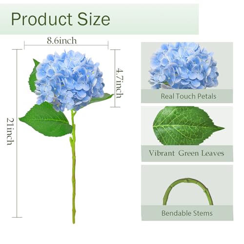 3 Pcs 21" Real Touch Blue Hydrangea Artificial Flowers with Stems, Fake Silk Flowers for Outdoors, Artificial Flowers for Home Decor Wedding Bouquets Centerpieces Vase - color: Blue, size: 3 Pcs