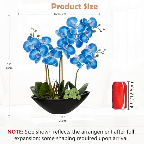 Briful Blue Orchid Fake Flowers 17in Artificial Orchid Silk Flowers in Black Pot Faux Orchid Arrangement for Home Office Bathroom Table Shelf Modern Decoration - color: Blue Black